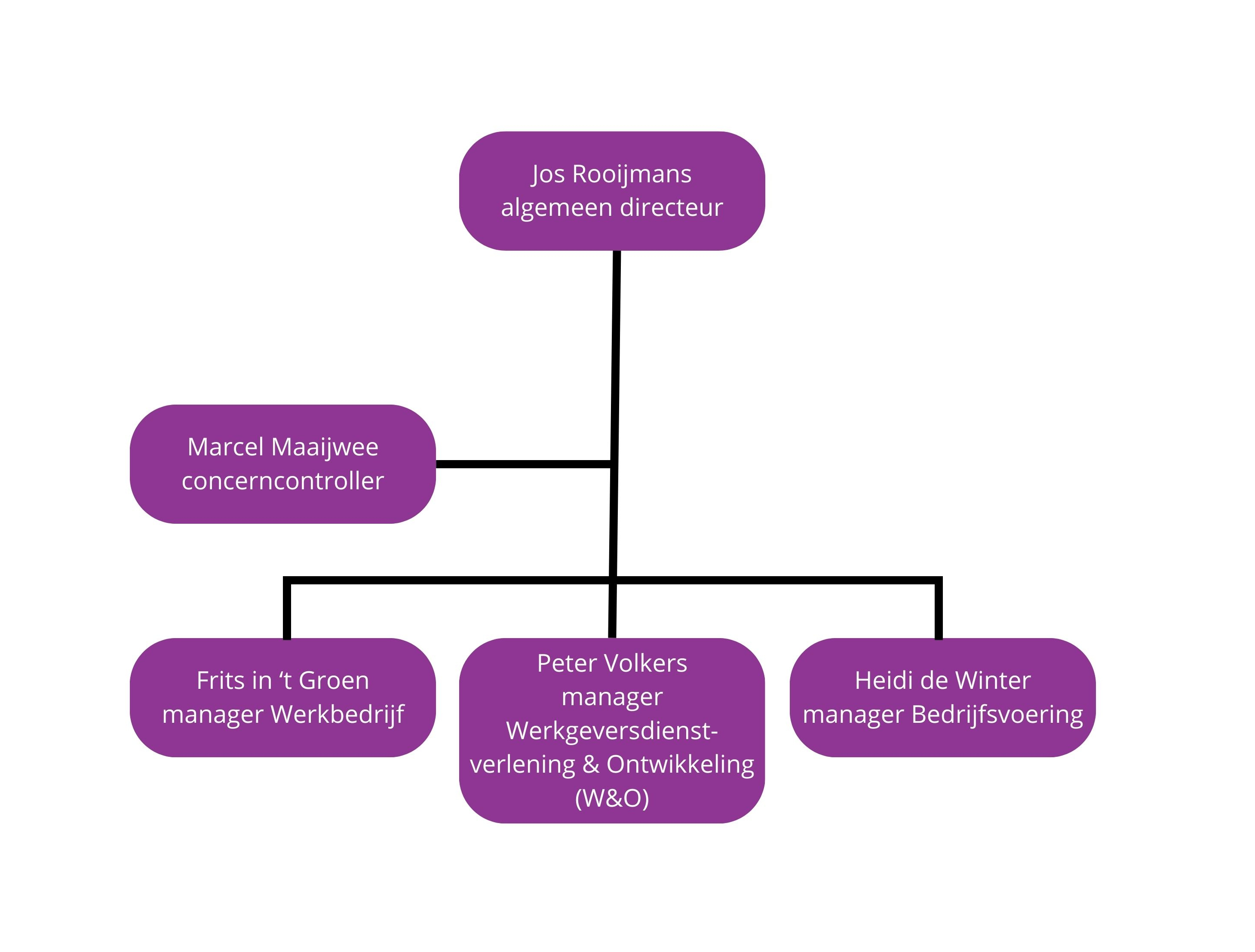 Organisatiestructuur in een hiërarchisch schema met paarse afgeronde rechthoeken en zwarte verbindingslijnen. Bovenaan staat 'Jos Rooijmans, algemeen directeur'. Direct onder Jos Rooijmans staat 'Marcel Maaijwee, concerncontroller', verbonden met een lijn. Onder Marcel Maaijwee staan drie managers, elk in een aparte rechthoek: 'Frits in ‘t Groen, manager Werkbedrijf' (links), 'Peter Volkers, manager Werkgeversdienstverlening & Ontwikkeling (W&O)' (midden) en 'Heidi de Winter, manager Bedrijfsvoering' (rechts). Deze drie managers zijn onderling verbonden met een horizontale lijn die verbonden is met Jos Rooijmans. Het schema toont de rapportagestructuur binnen de organisatie